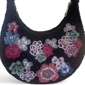 Floral Hand Beaded Black Handbag